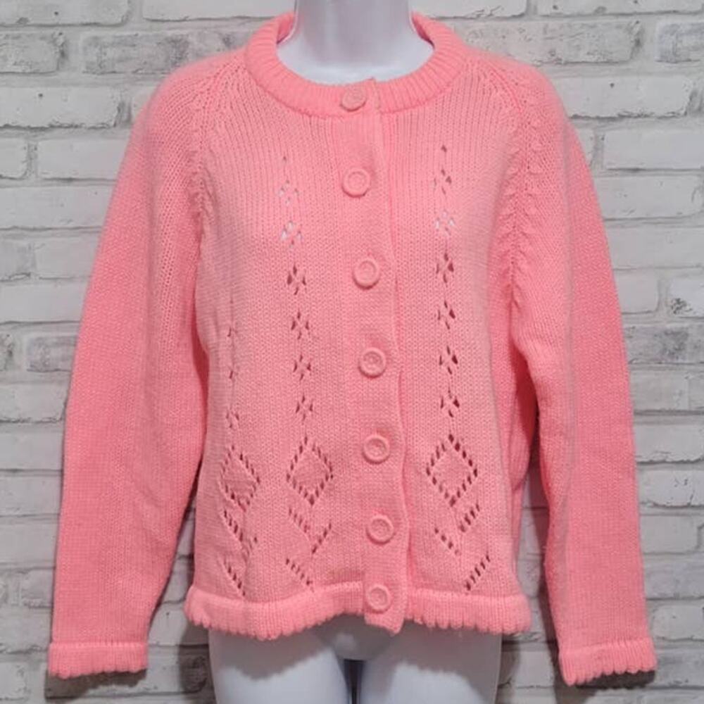 Vtg 50s Glen Lea Knitting Mills Eyelet Floral Knit Sweater size 40 Womens
